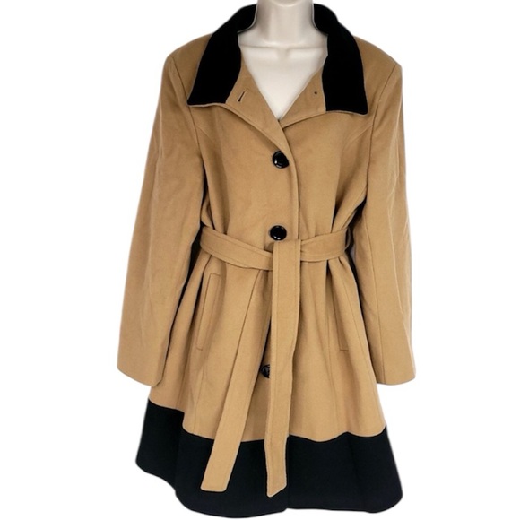 Vintage Cashmere Wool Coat Luxury Classic Two Tone Camel Tan Black Women Size XL - Picture 14 of 16